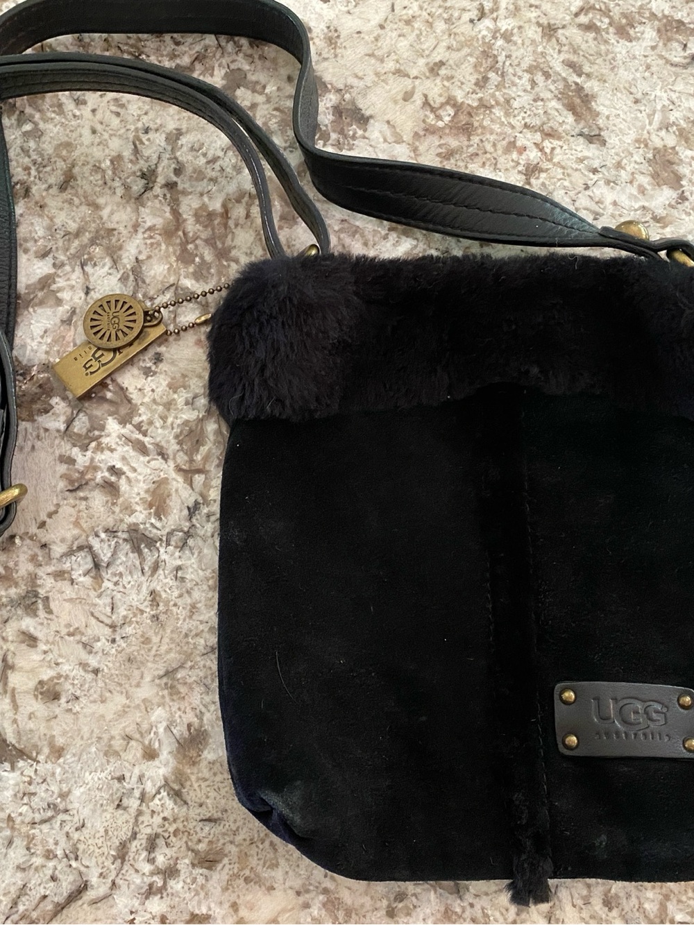 UGG Black Suede Crossbody with Shearling Trim and Brass Accents - Picture 1 of 4